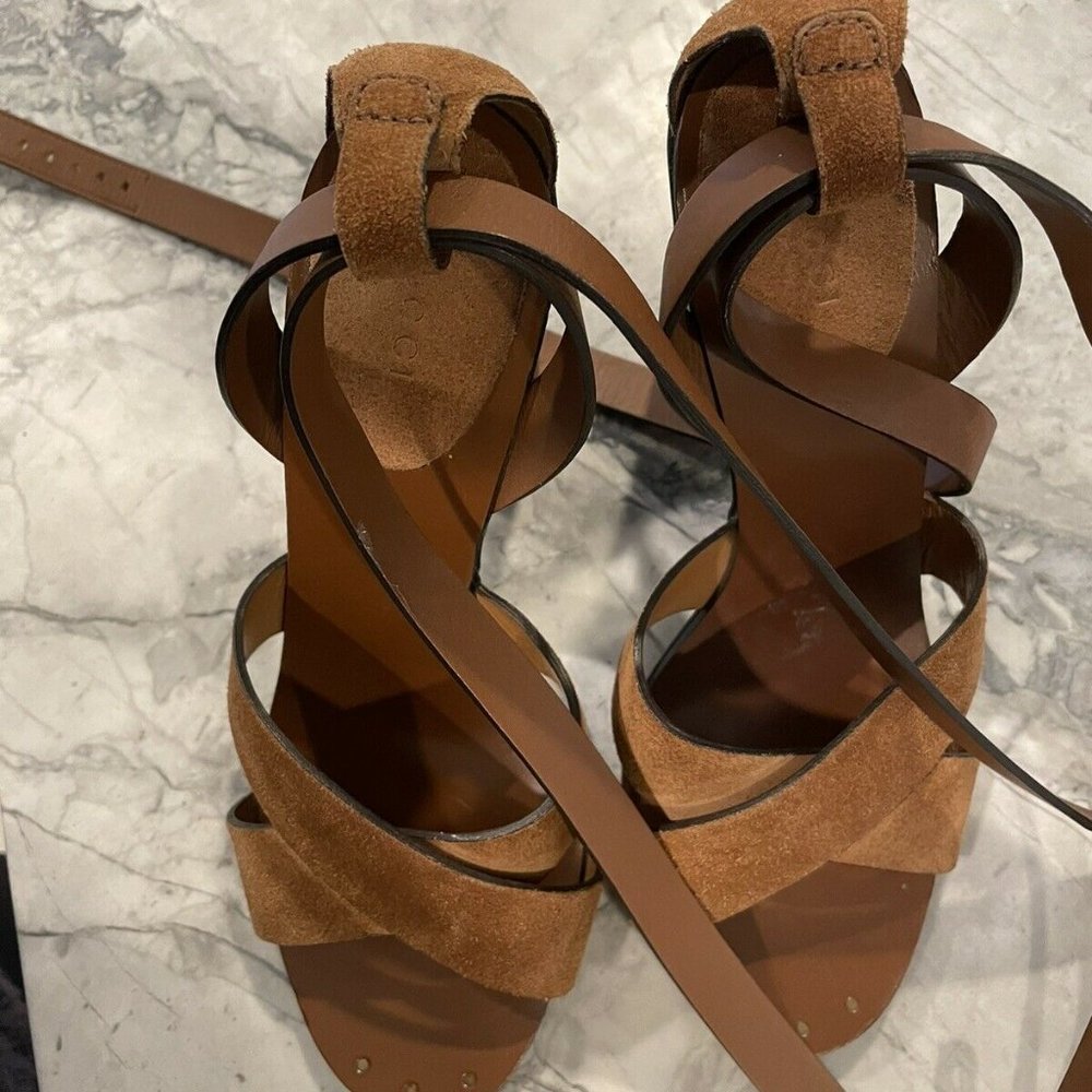 GUCCI 37.5 Brown Suede & Leather Ankle Wrap Strap Sandal Heels Maori - Picture 4 of 11